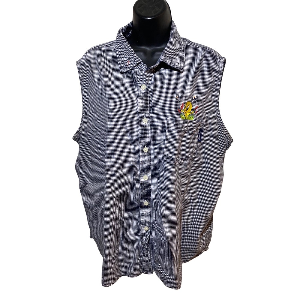 Vintage Looney Tunes Tweety Bird Gingham Sleeveless Shirt Navy White  22W 24W